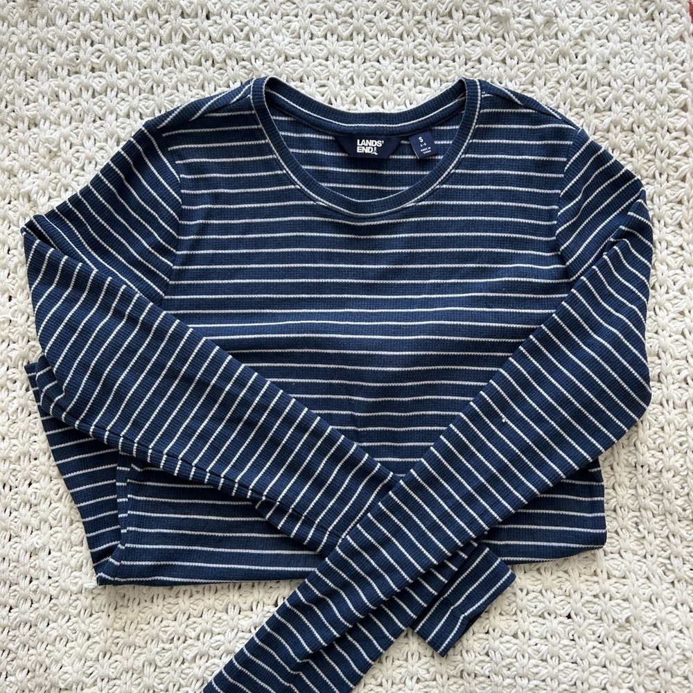 Lands End Navy and White Striped Long Sleeve